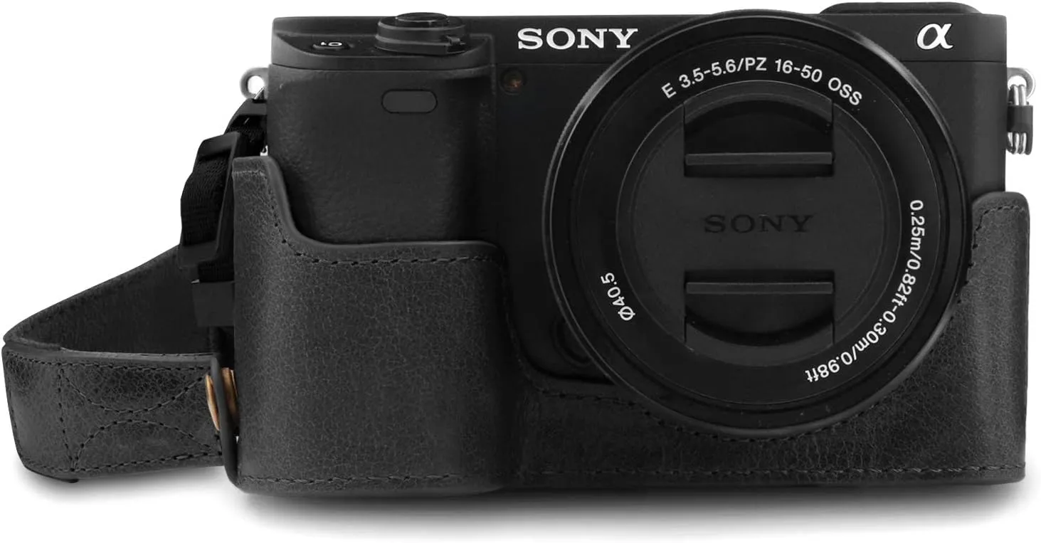 MegaGear MG1641 Ever Ready Genuine Leather Camera Half Case compatible with Sony Alpha A6100, A6400 - Black