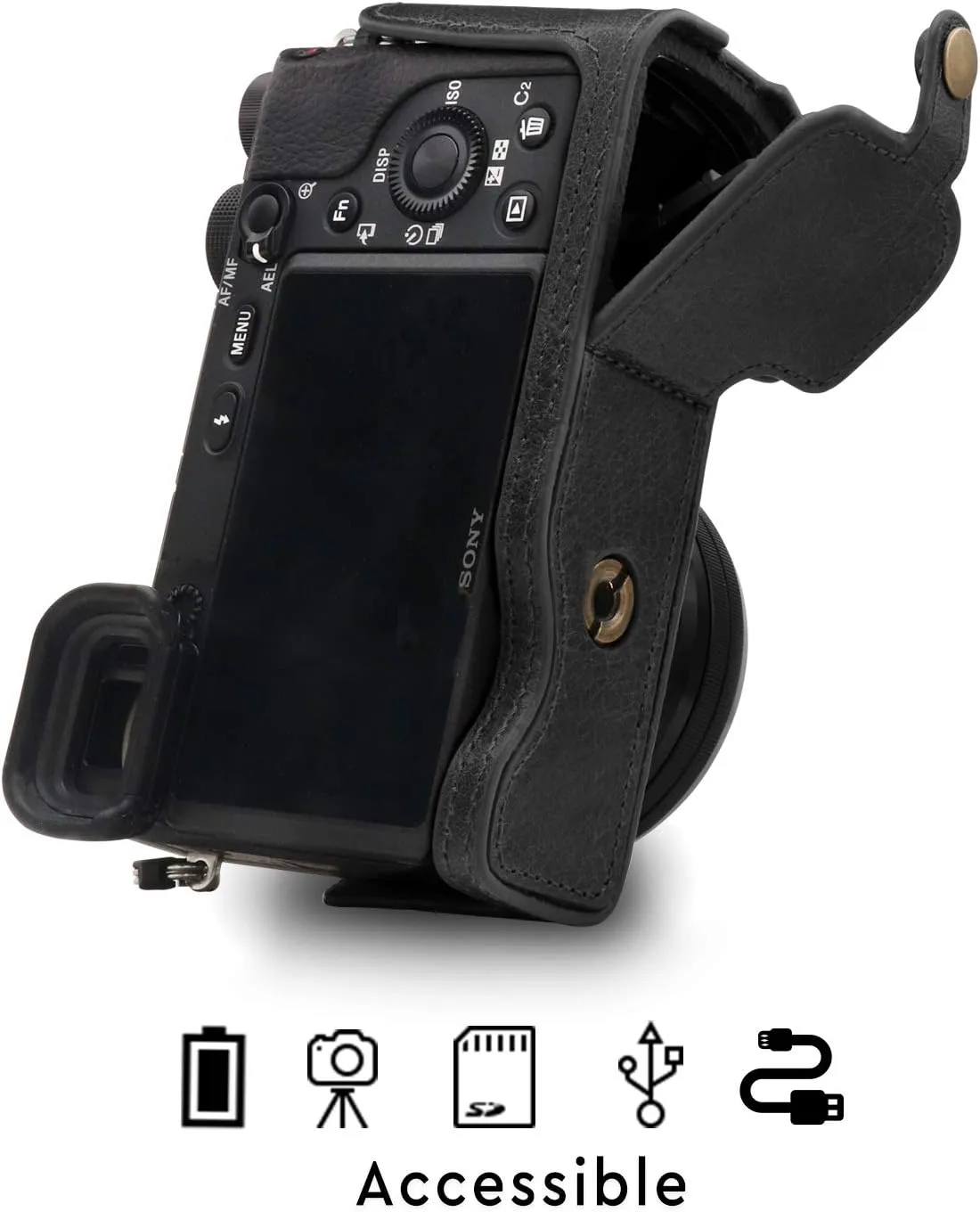 MegaGear MG1641 Ever Ready Genuine Leather Camera Half Case compatible with Sony Alpha A6100, A6400 - Black