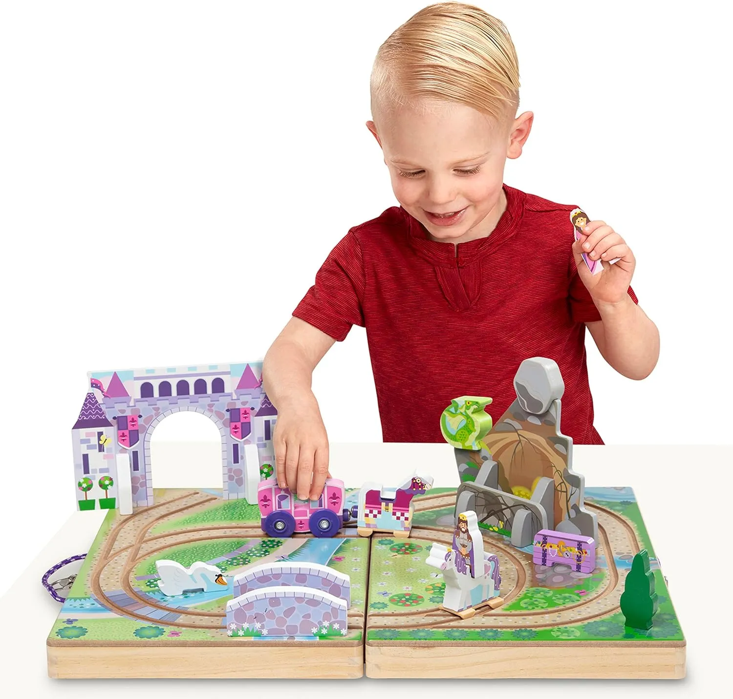 Melissa & Doug 19-Piece Wooden Take-Along Tabletop Kingdom – Carriage, Horse, Unicorn, Dragon, More