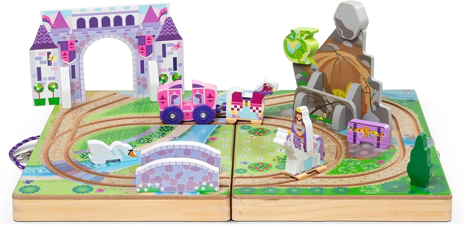 Melissa & Doug 19-Piece Wooden Take-Along Tabletop Kingdom – Carriage, Horse, Unicorn, Dragon, More