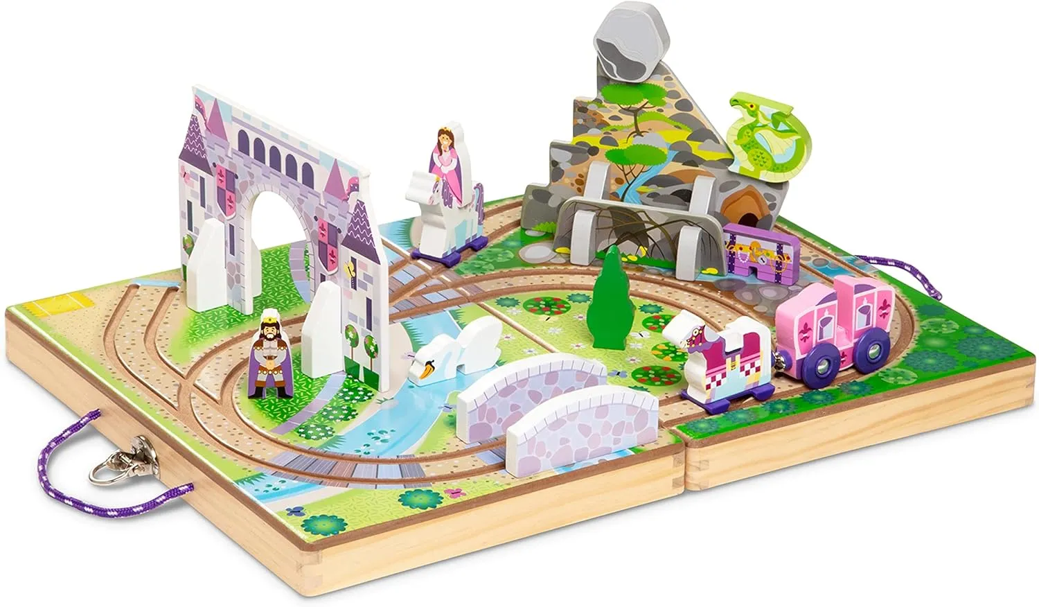 Melissa & Doug 19-Piece Wooden Take-Along Tabletop Kingdom – Carriage, Horse, Unicorn, Dragon, More