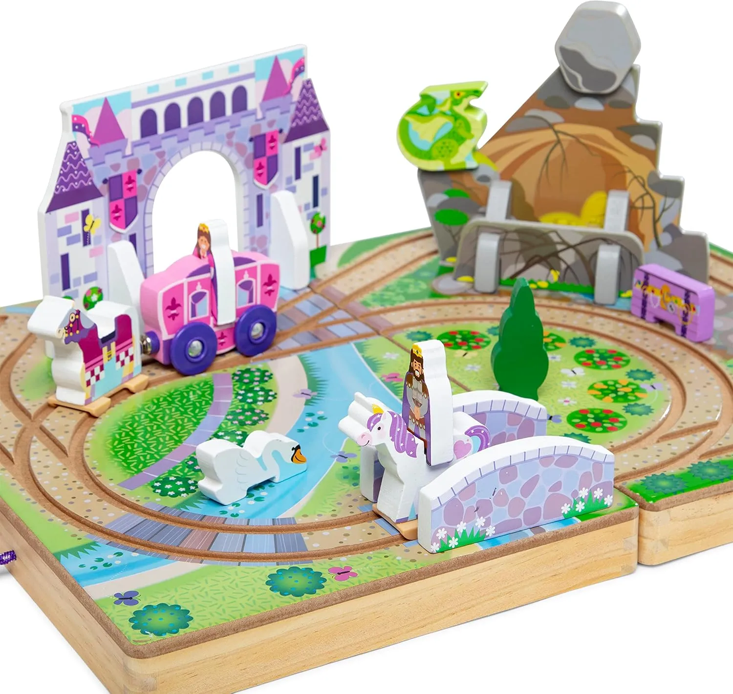 Melissa & Doug 19-Piece Wooden Take-Along Tabletop Kingdom – Carriage, Horse, Unicorn, Dragon, More