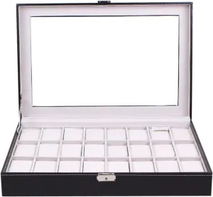 Mens Jewellery Box Watch Box Organizer Watch Display Box 24 Grid Wristwatch Storage case Organizer Holder pu Leather Watch dislpay Box Organizer with Transparent Glass top Watch dislpay Box Watch