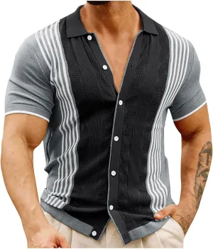 Men's Knitted Polo Shirt Summer Button-Down Shirts Short Sleeve Loose Casual Tops Vacation Outdoor Shirt