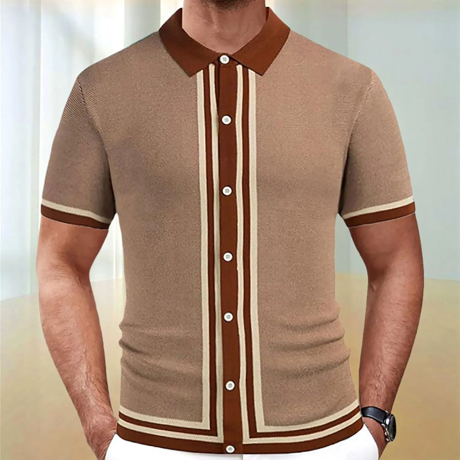 Men's Knitted Polo Shirt Summer Button-Down Shirts Short Sleeve Loose Casual Tops Vacation Outdoor Shirt