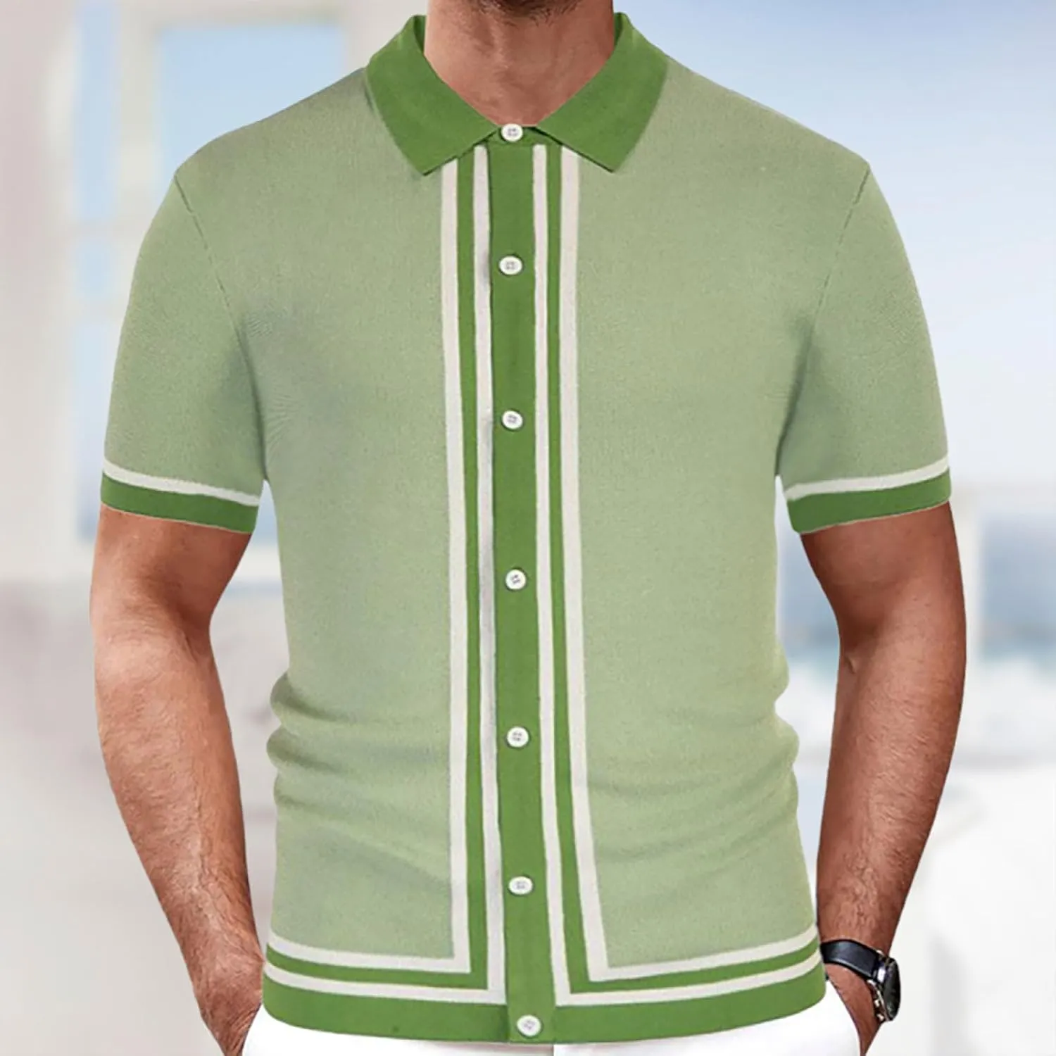 Men's Knitted Polo Shirt Summer Button-Down Shirts Short Sleeve Loose Casual Tops Vacation Outdoor Shirt