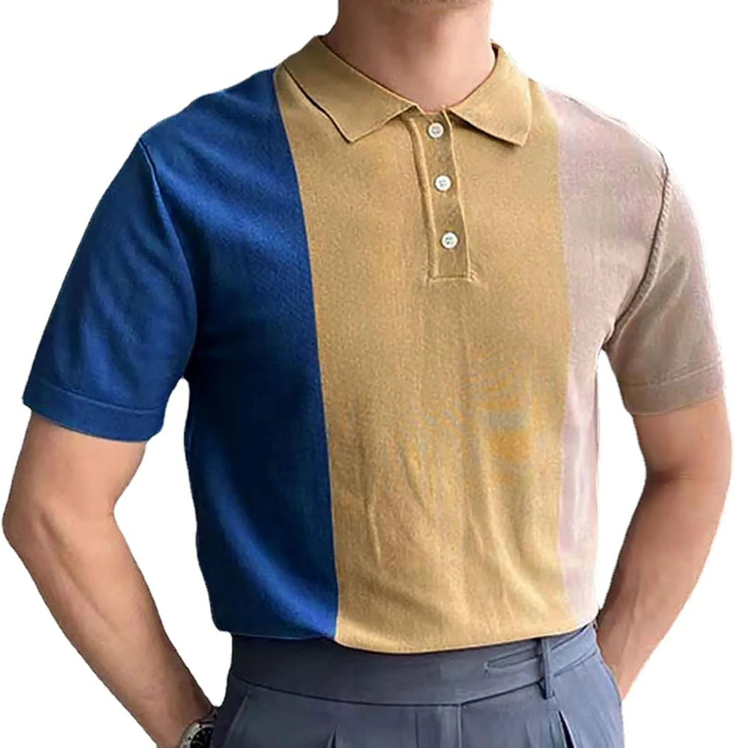 Men's Knitted Polo Shirt Summer Button-Down Shirts Short Sleeve Loose Casual Tops Vacation Outdoor Shirt