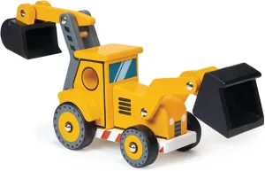 Mentari Toys - The Backhoe - 4 Wheeled Wooden Construction Vehicle with 2 Moving Arms and Scooping Buckets - Interactive Toy Truck for Imaginative Play - Boosts Motor Skills and Coordination - Age 3 