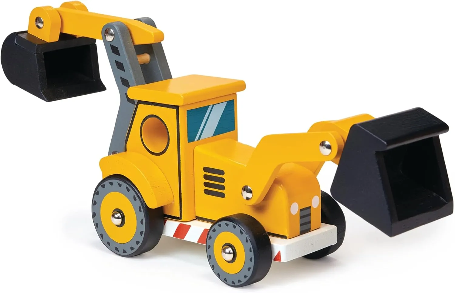 Mentari Toys - The Backhoe - 4 Wheeled Wooden Construction Vehicle with 2 Moving Arms and Scooping Buckets - Interactive Toy Truck for Imaginative Play - Boosts Motor Skills and Coordination - Age 3 