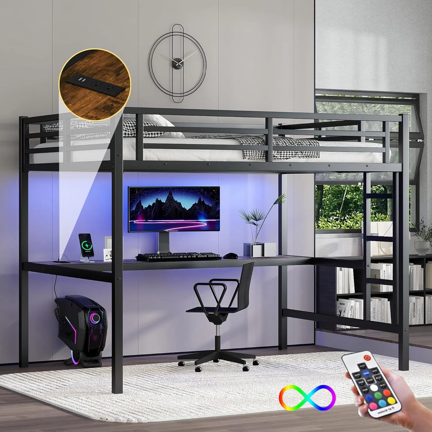 Metal Full Size Loft Bed with Desk and Charging Station,Heavy Duty Loft Bed Frame with LED Lights and USB for Kids,Teens,Adults,Full Size,Black
