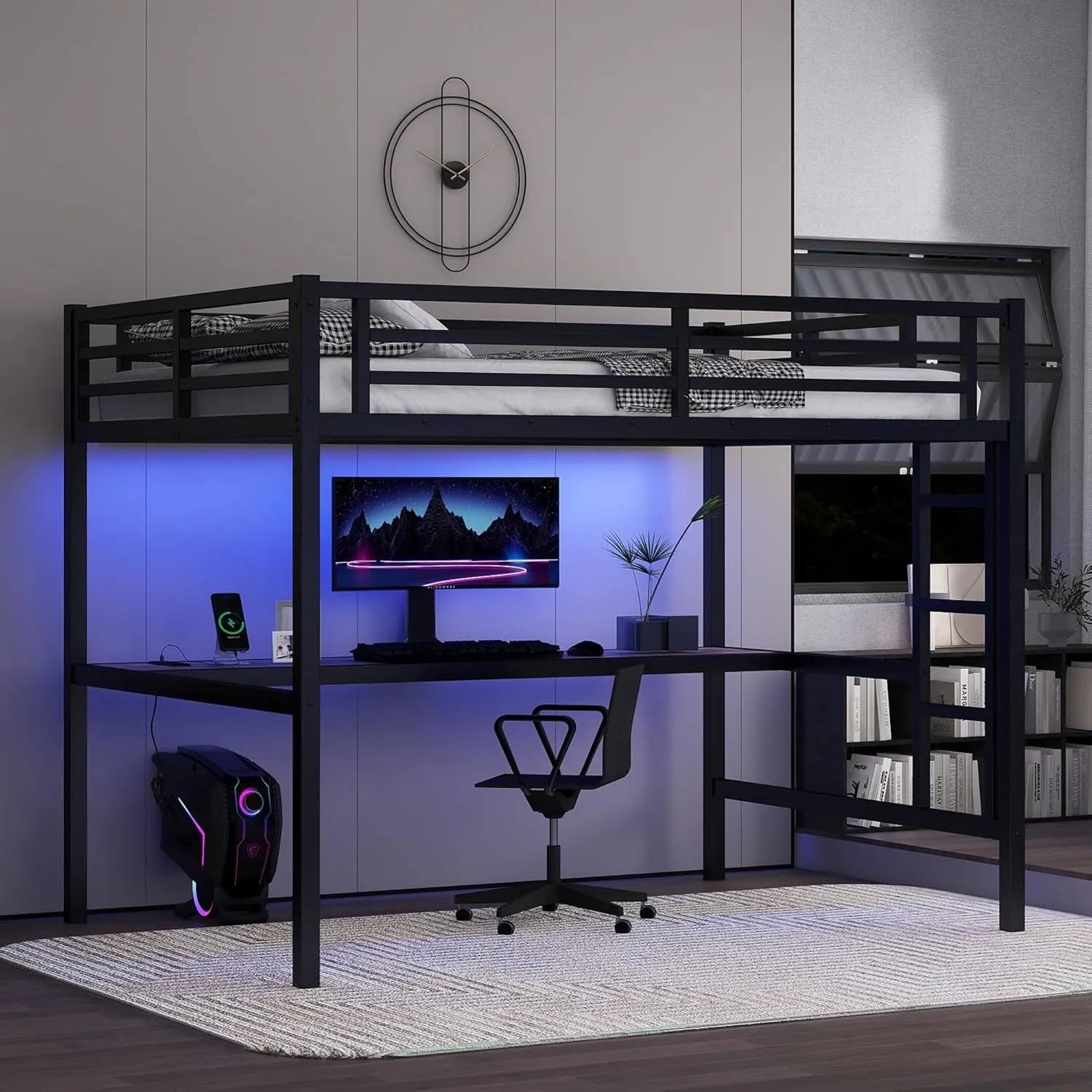 Metal Full Size Loft Bed with Desk and Charging Station,Heavy Duty Loft Bed Frame with LED Lights and USB for Kids,Teens,Adults,Full Size,Black