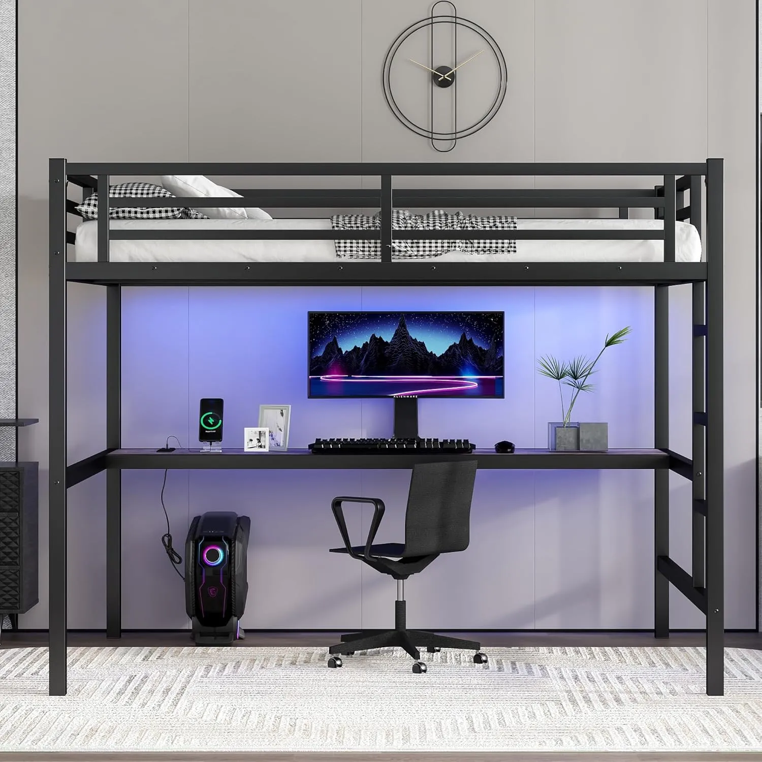 Metal Full Size Loft Bed with Desk and Charging Station,Heavy Duty Loft Bed Frame with LED Lights and USB for Kids,Teens,Adults,Full Size,Black