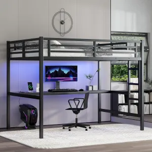 Metal Full Size Loft Bed with Desk and Charging Station,Heavy Duty Loft Bed Frame with LED Lights and USB for Kids,Teens,Adults,Full Size,Black