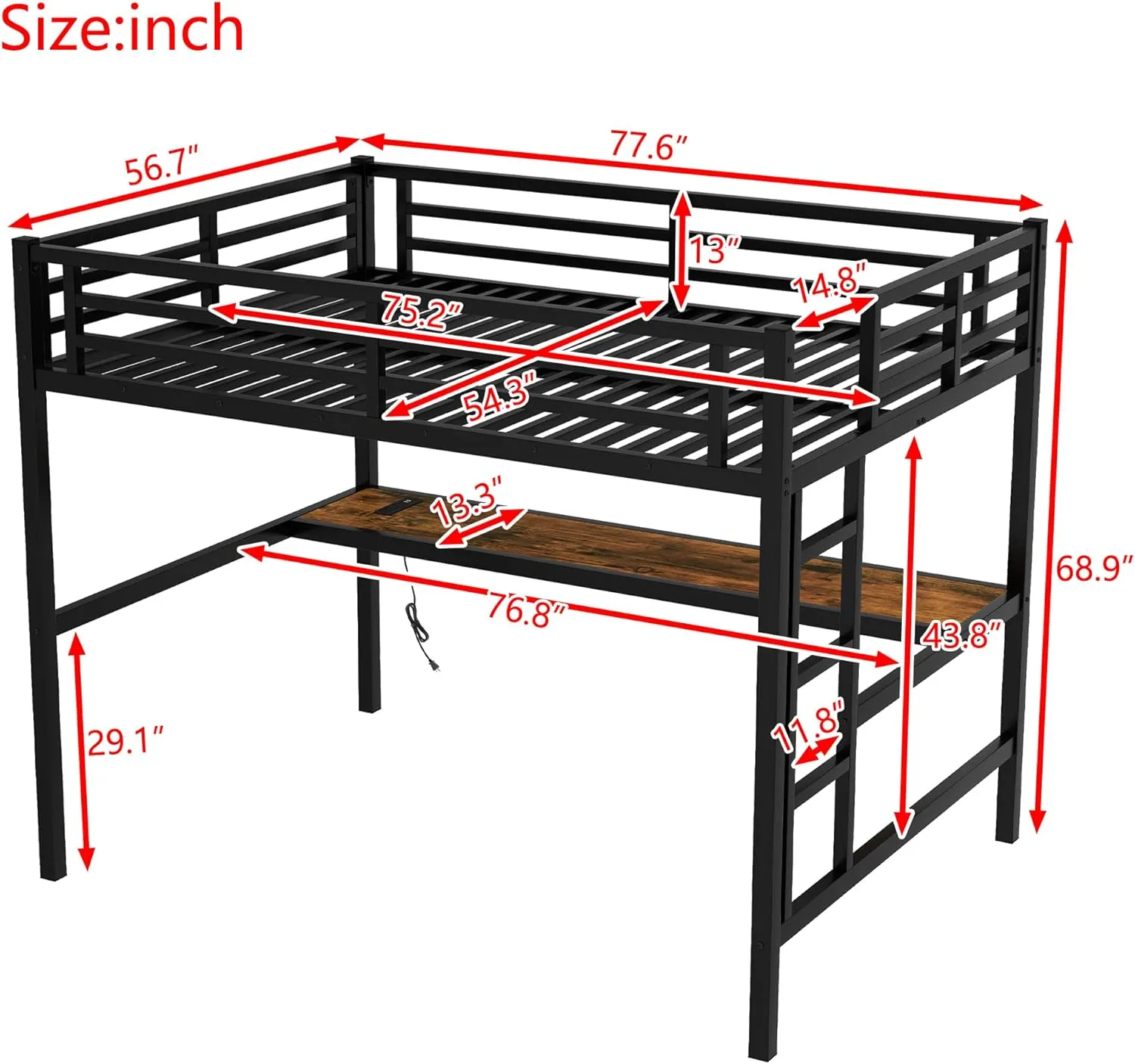 Metal Full Size Loft Bed with Desk and Charging Station,Heavy Duty Loft Bed Frame with LED Lights and USB for Kids,Teens,Adults,Full Size,Black