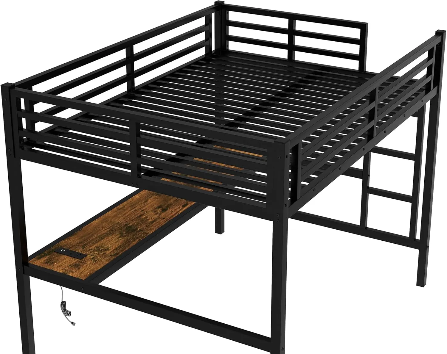 Metal Full Size Loft Bed with Desk and Charging Station,Heavy Duty Loft Bed Frame with LED Lights and USB for Kids,Teens,Adults,Full Size,Black