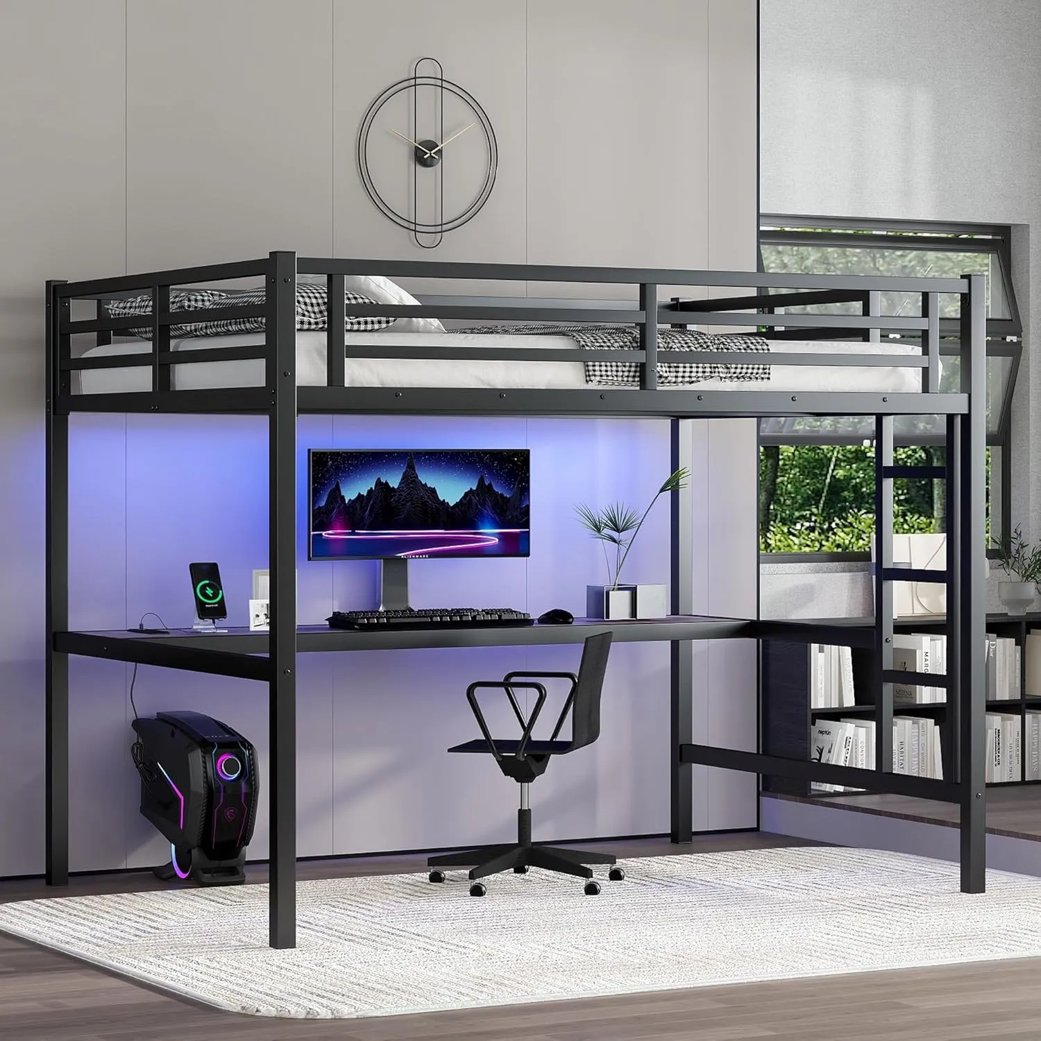Metal Full Size Loft Bed with Desk and Charging Station,Heavy Duty Loft Bed Frame with LED Lights and USB for Kids,Teens,Adults,Full Size,Black
