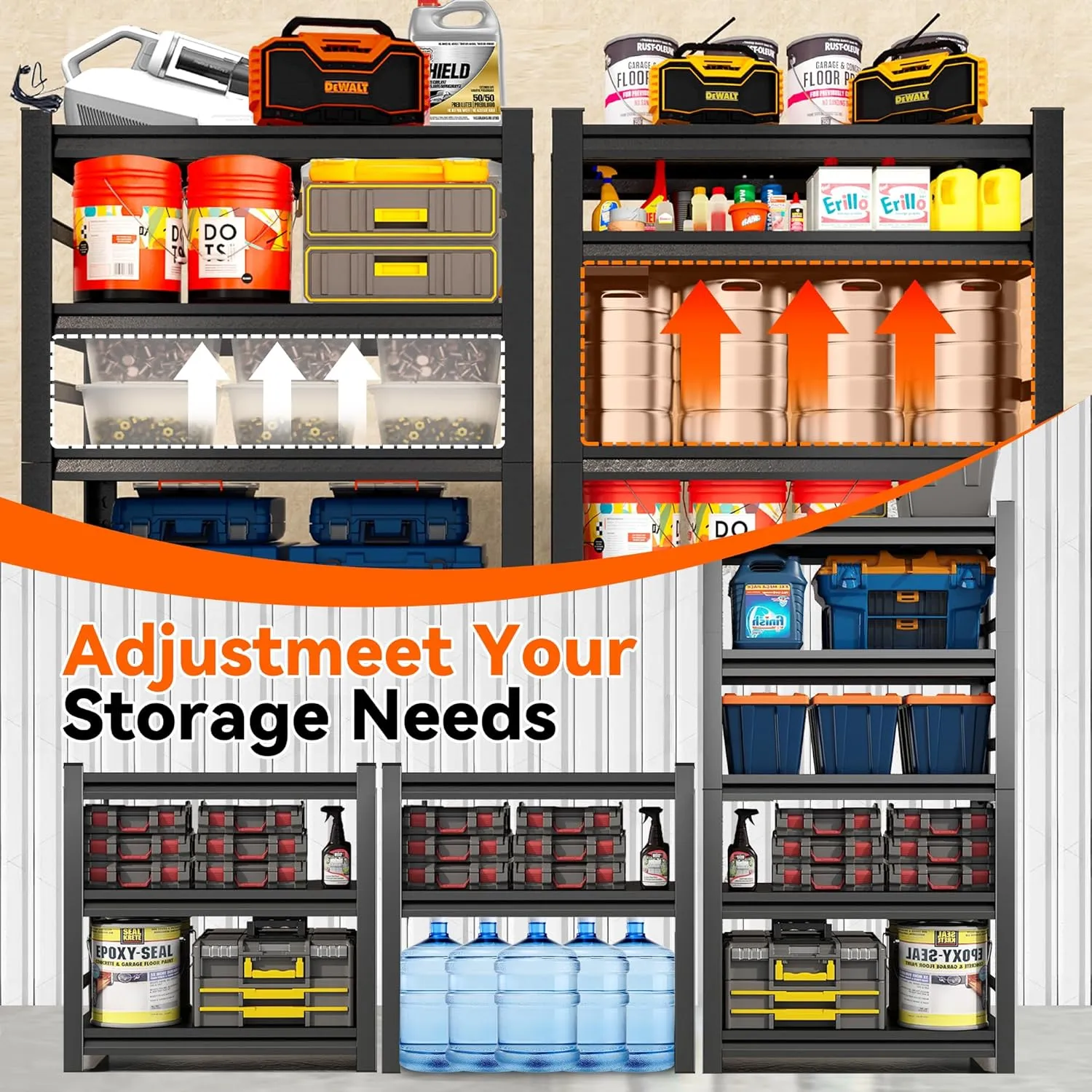 Metal Garage Shelving Unit, Heavy Duty 5-Tier Adjustable Storage Rack, Steel Shelving, 3000 lbs Capacity, Industrial Shelves for Heavy Tools and Equipment, Ideal for Garage, Basement, Black, 72"