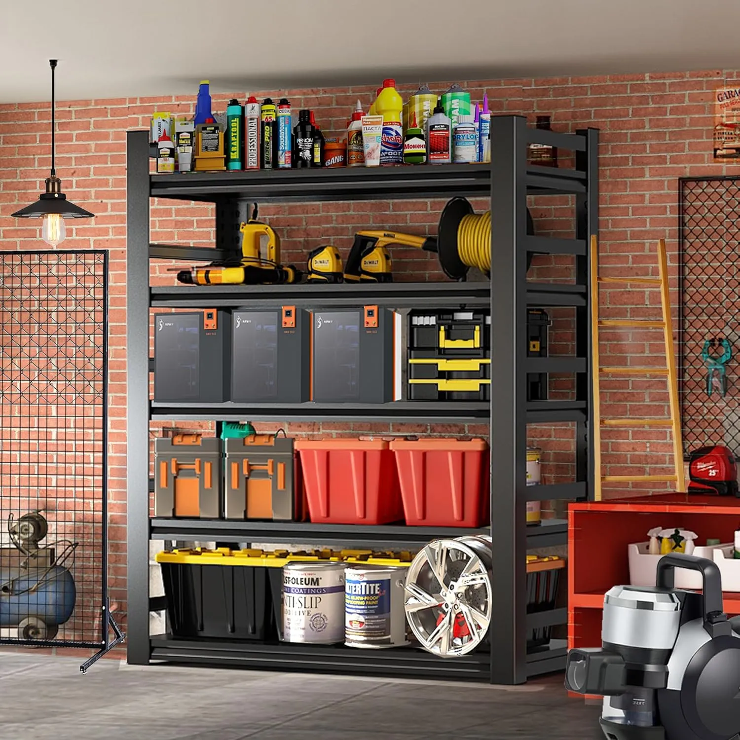 Metal Garage Shelving Unit, Heavy Duty 5-Tier Adjustable Storage Rack, Steel Shelving, 3000 lbs Capacity, Industrial Shelves for Heavy Tools and Equipment, Ideal for Garage, Basement, Black, 72"