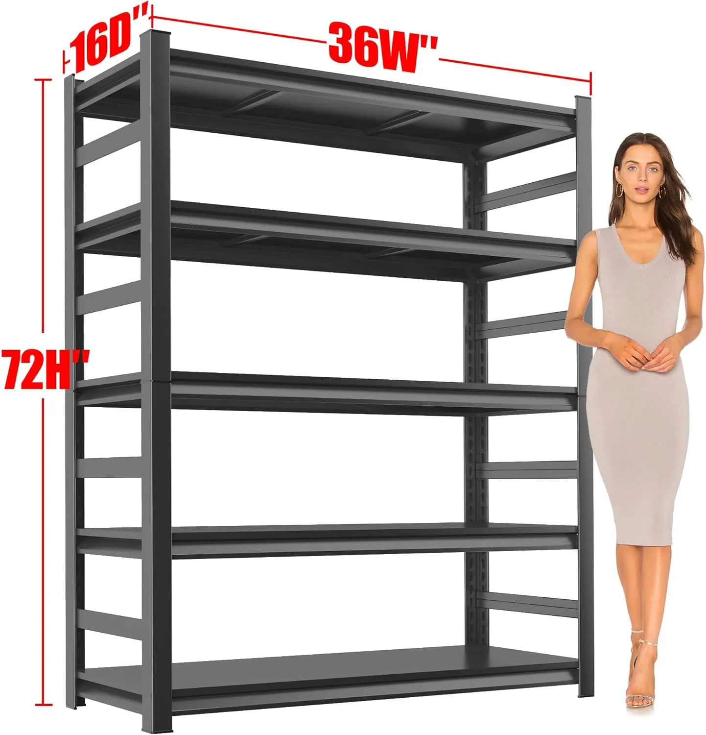 Metal Garage Shelving Unit, Heavy Duty 5-Tier Adjustable Storage Rack, Steel Shelving, 3000 lbs Capacity, Industrial Shelves for Heavy Tools and Equipment, Ideal for Garage, Basement, Black, 72"