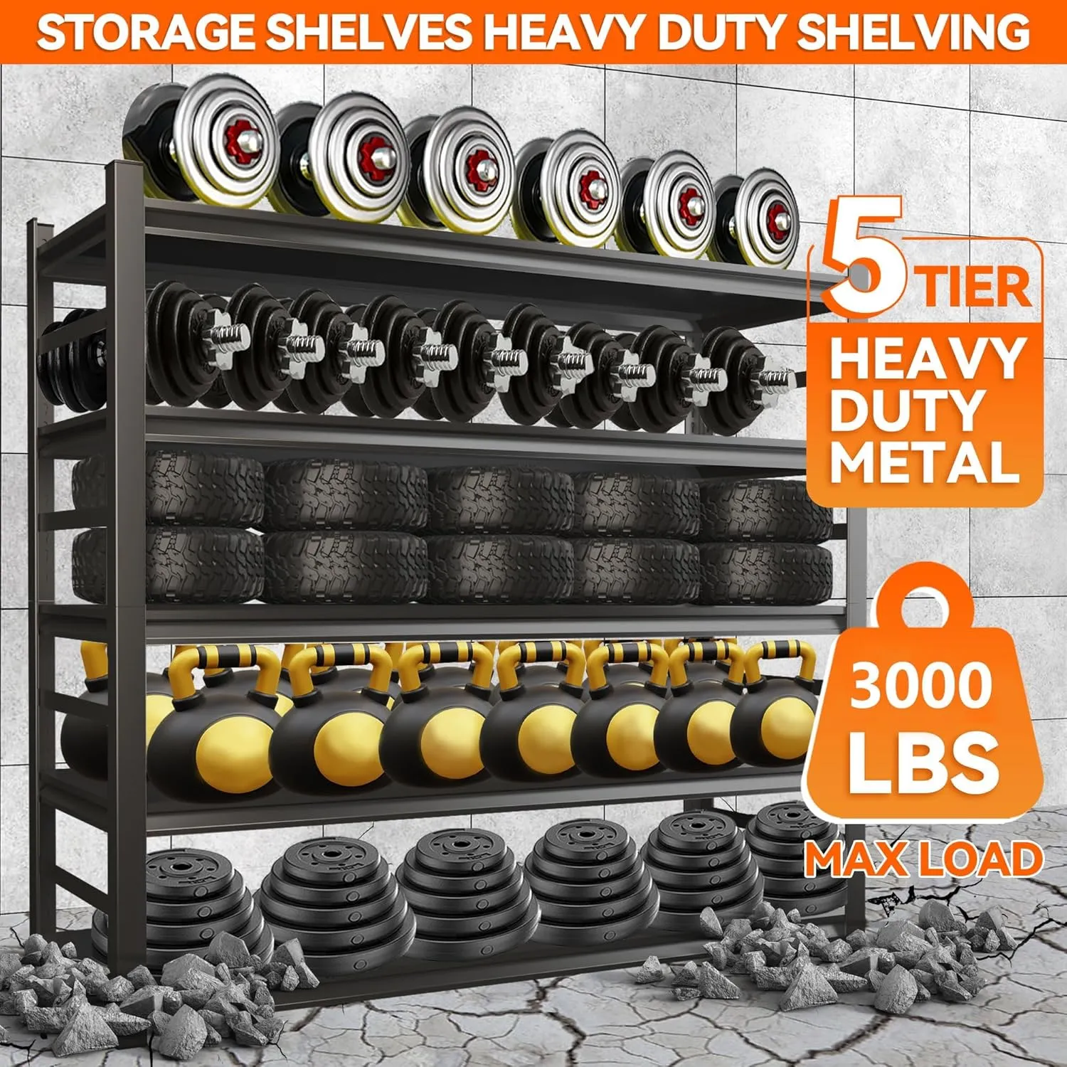 Metal Garage Shelving Unit, Heavy Duty 5-Tier Adjustable Storage Rack, Steel Shelving, 3000 lbs Capacity, Industrial Shelves for Heavy Tools and Equipment, Ideal for Garage, Basement, Black, 72"