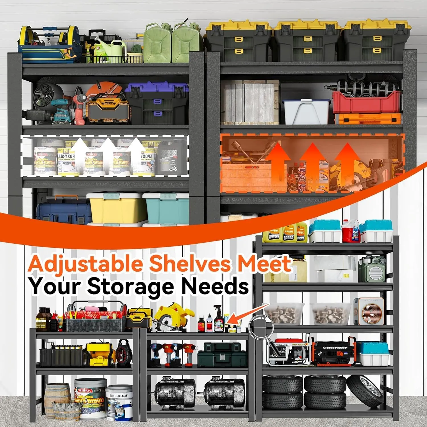 Metal Garage Shelving Unit, Heavy Duty 5-Tier Adjustable Storage Rack, Steel Shelving, 3000 lbs Capacity, Industrial Shelves for Heavy Tools and Equipment, Ideal for Garage, Basement, Black, 72"