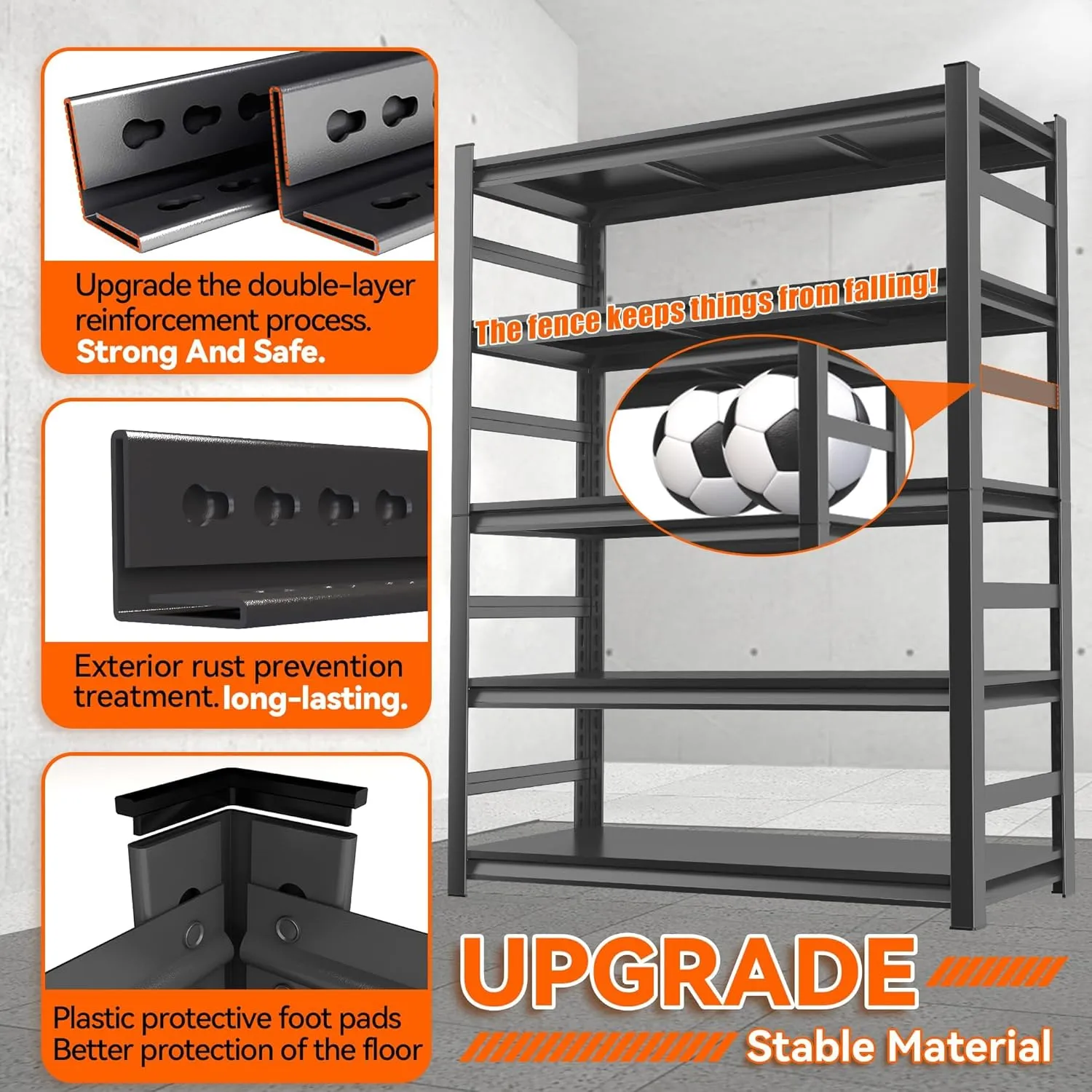 Metal Garage Shelving Unit, Heavy Duty 5-Tier Adjustable Storage Rack, Steel Shelving, 3000 lbs Capacity, Industrial Shelves for Heavy Tools and Equipment, Ideal for Garage, Basement, Black, 72"