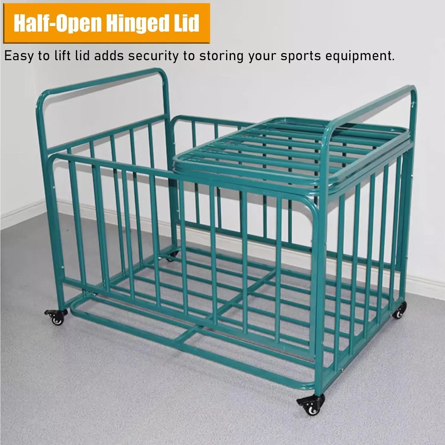 Metal Silver Large Rolling Multi Sports Ball Storage Cart, Basketball Locker Soccer Stand Volleyball Holder, School, with Half-Open Lid & Lockable Casters