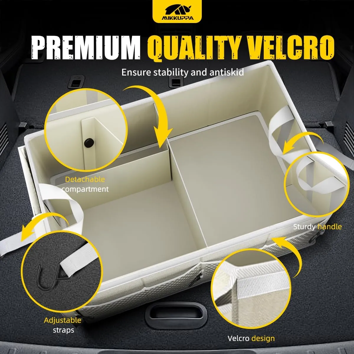 MIKKUPPA Car Trunk Organizer - 65L Collapsible Trunk Organizer with Lid, Sturdy Car Storage for SUV Auto Truck Van with Adjustable Straps and Non Slip Bottom (White)