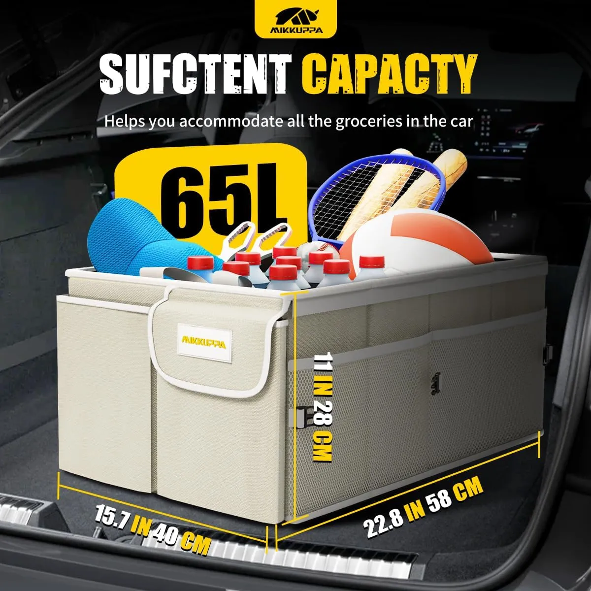 MIKKUPPA Car Trunk Organizer - 65L Collapsible Trunk Organizer with Lid, Sturdy Car Storage for SUV Auto Truck Van with Adjustable Straps and Non Slip Bottom (White)