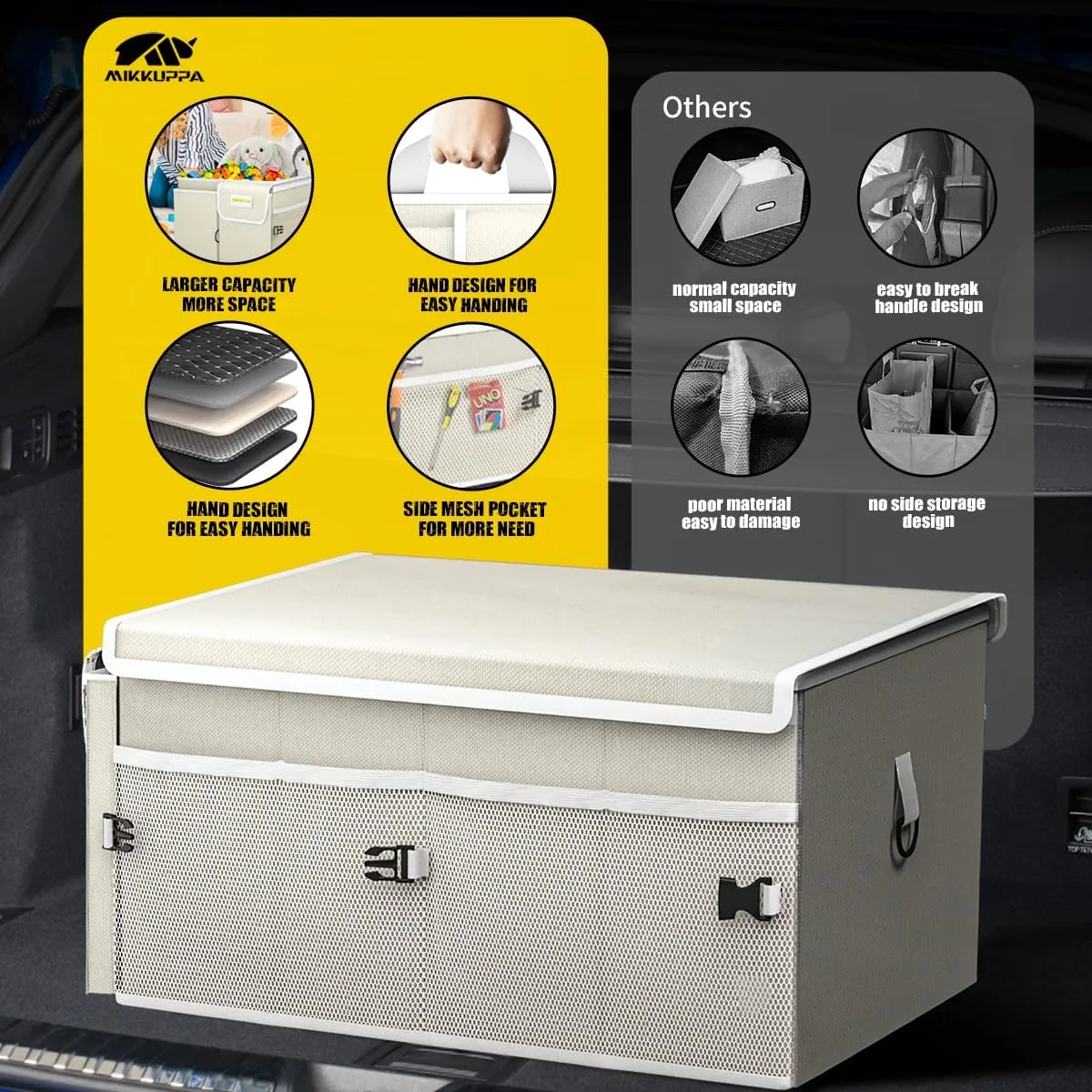 MIKKUPPA Car Trunk Organizer - 65L Collapsible Trunk Organizer with Lid, Sturdy Car Storage for SUV Auto Truck Van with Adjustable Straps and Non Slip Bottom (White)