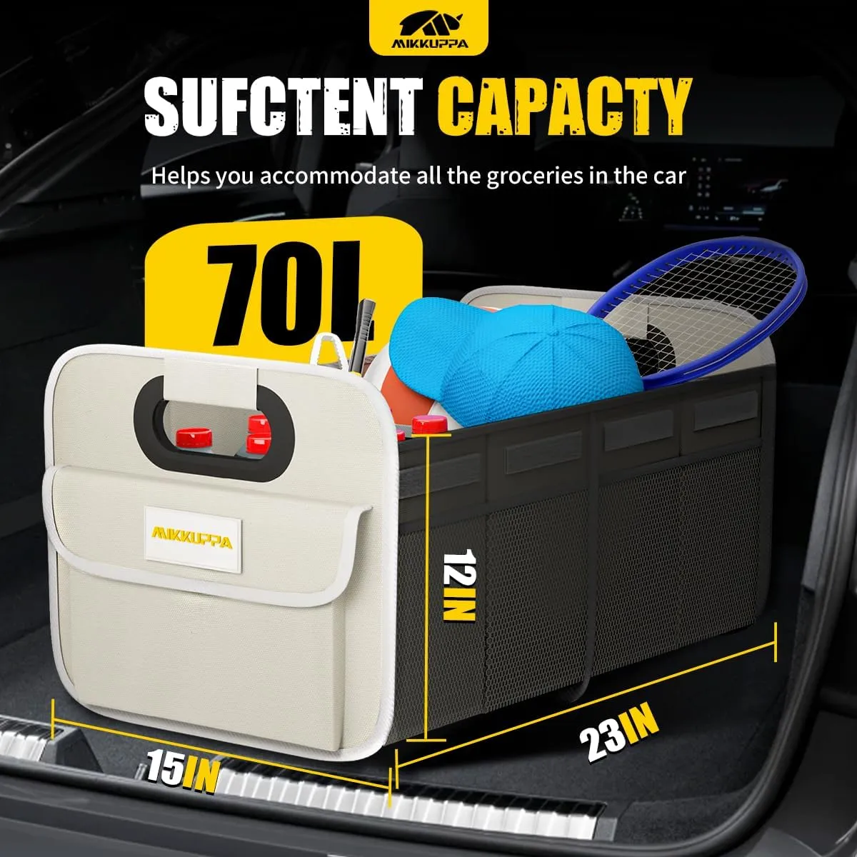 MIKKUPPA Car Trunk Organizer - 70L Collapsible Trunk Organizer for Groceries, Car Storage Organizers for SUV Auto Truck Van with Non Slip Bottom (White)