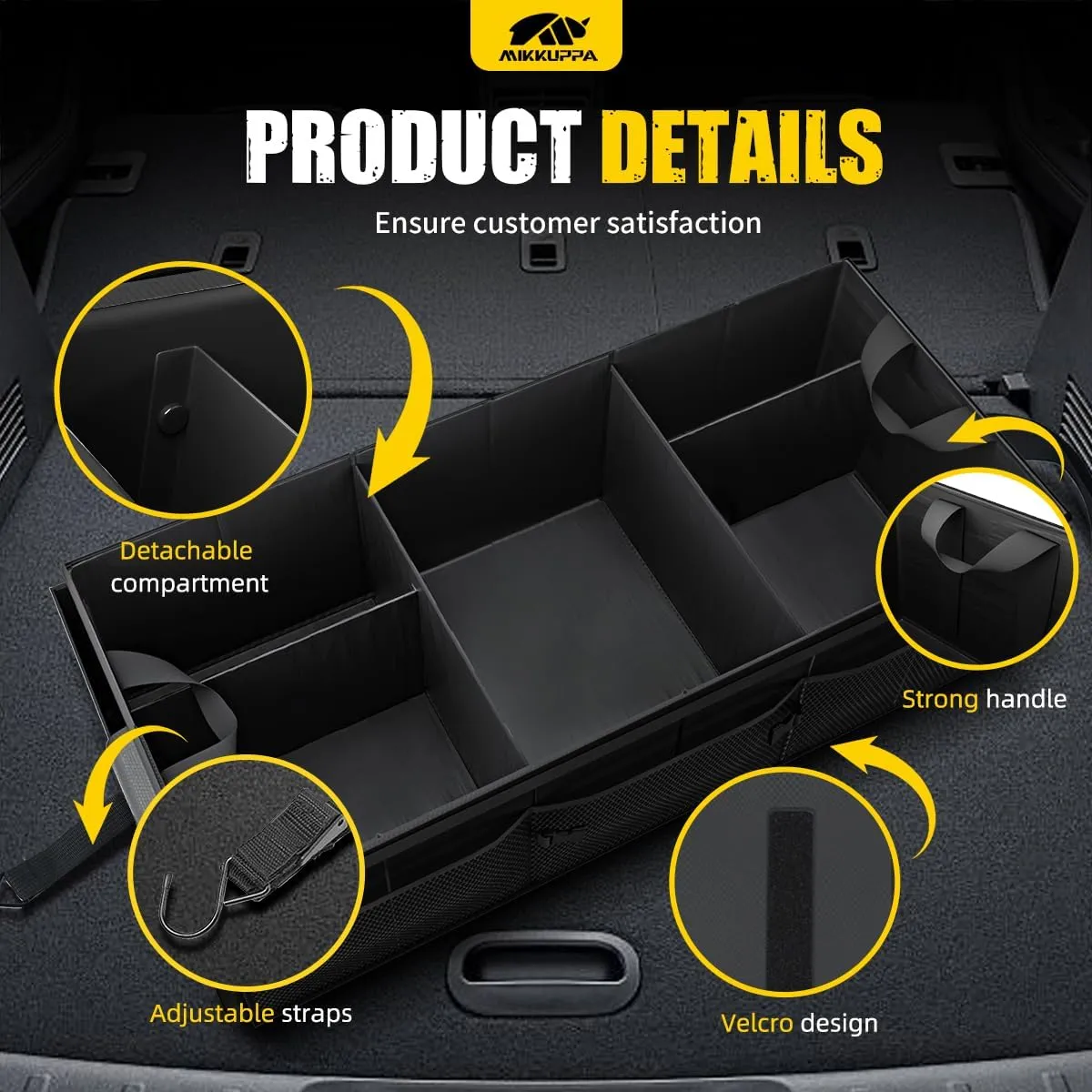 MIKKUPPA Car Trunk Organizer - 95L Collapsible Trunk Organizer with Lid, Sturdy Car Storage for SUV Auto Truck Van with Adjustable Straps and Non Slip Bottom (Black, Large)