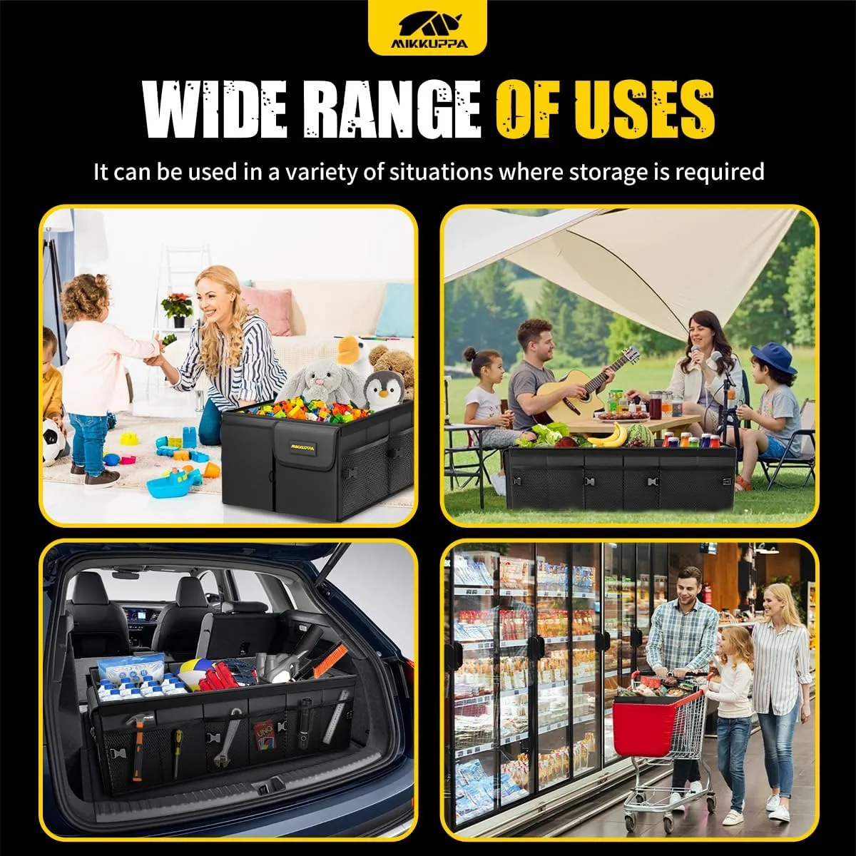 MIKKUPPA Car Trunk Organizer - 95L Collapsible Trunk Organizer with Lid, Sturdy Car Storage for SUV Auto Truck Van with Adjustable Straps and Non Slip Bottom (Black, Large)