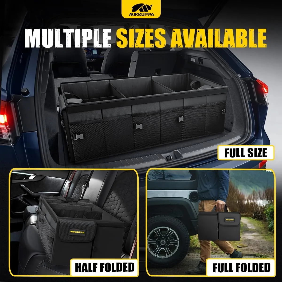 MIKKUPPA Car Trunk Organizer - 95L Collapsible Trunk Organizer with Lid, Sturdy Car Storage for SUV Auto Truck Van with Adjustable Straps and Non Slip Bottom (Black, Large)