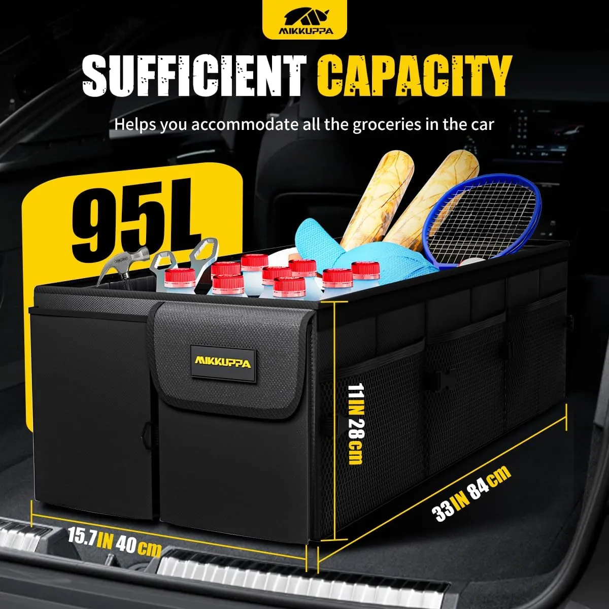 MIKKUPPA Car Trunk Organizer - 95L Collapsible Trunk Organizer with Lid, Sturdy Car Storage for SUV Auto Truck Van with Adjustable Straps and Non Slip Bottom (Black, Large)