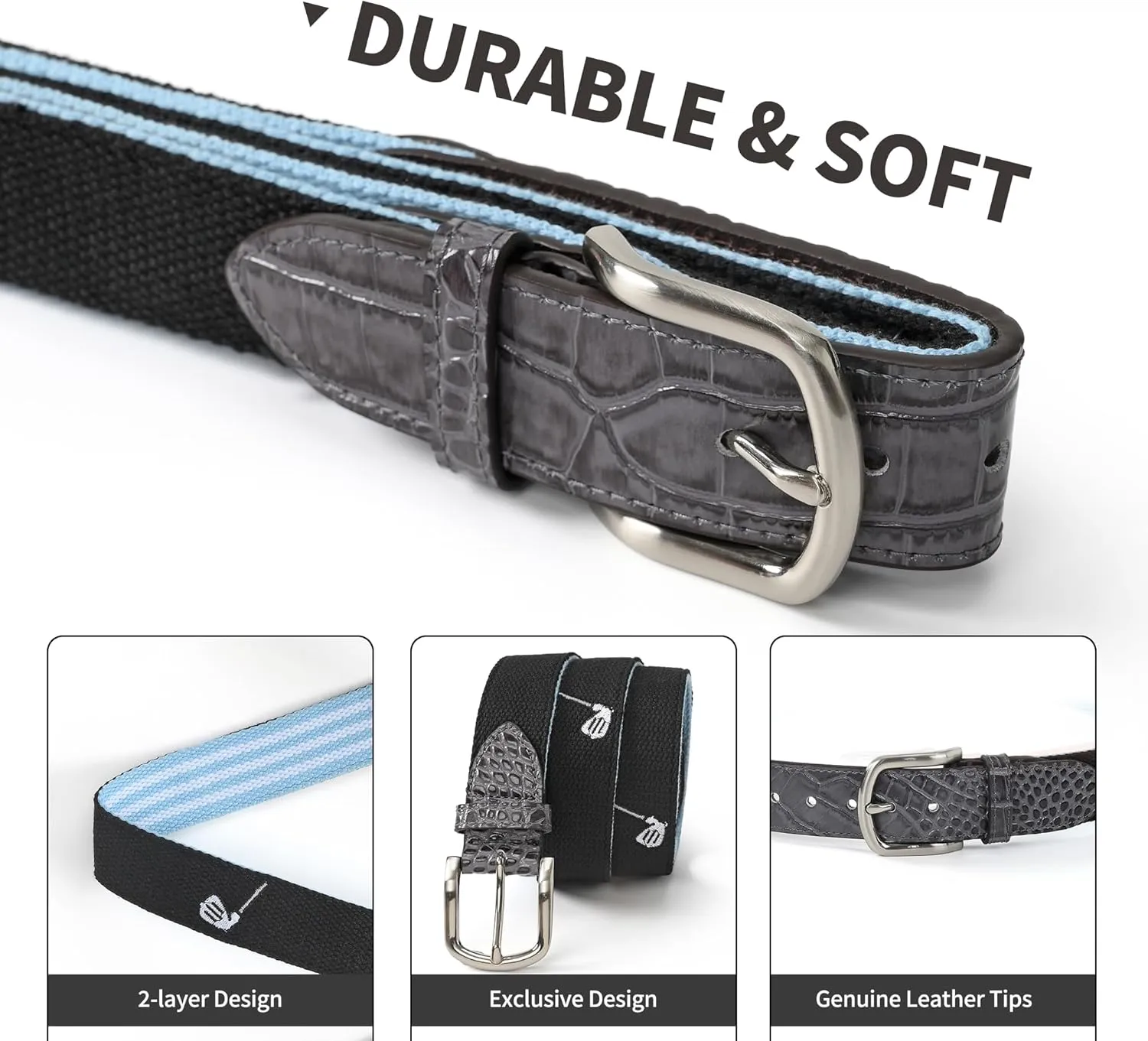 Mile High Life Golf Belts for Men, Canvas Belt with Genuine Leather Tips, Embroidered 2 Layer Web Belt with Pin Buckle