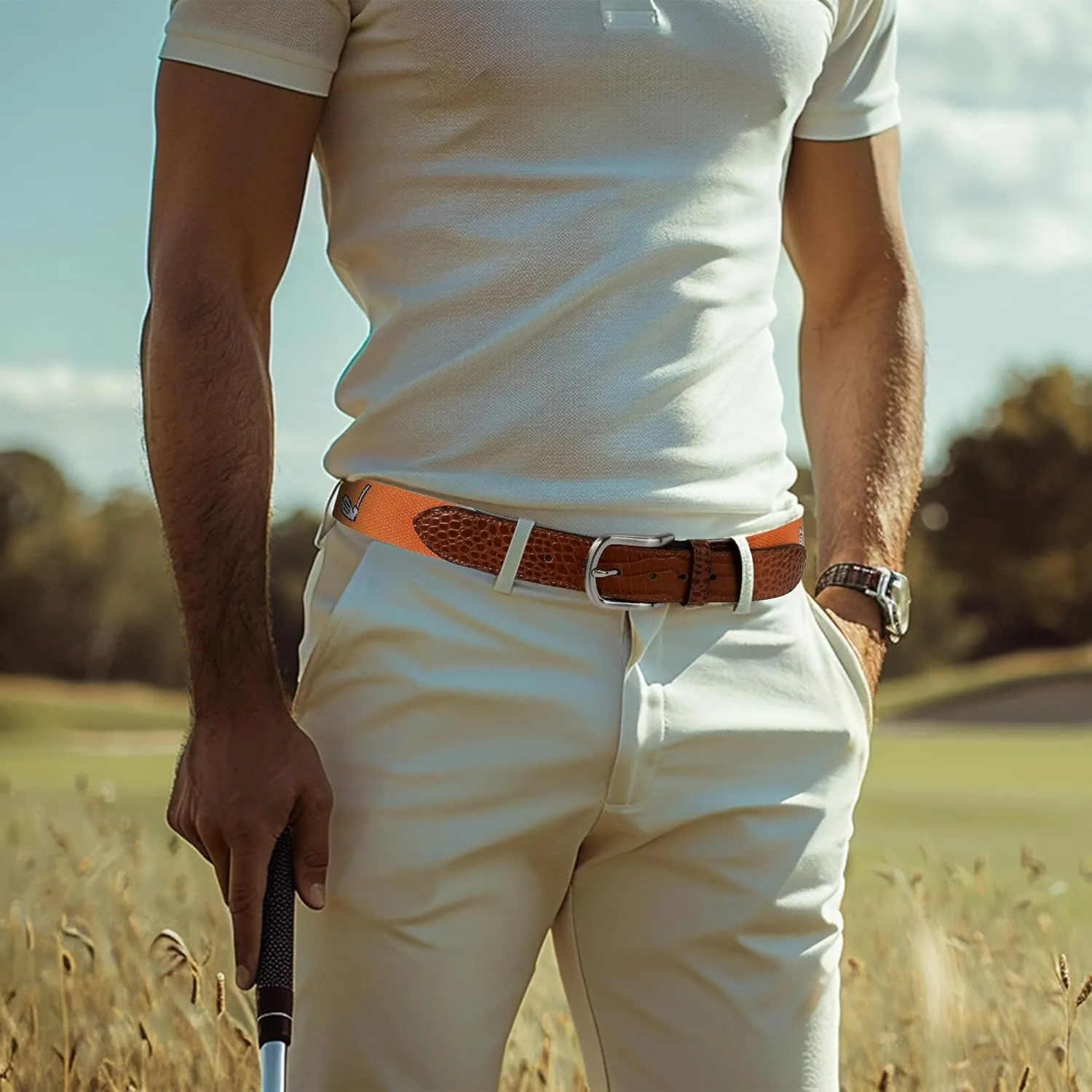 Mile High Life Golf Belts for Men, Canvas Belt with Genuine Leather Tips, Embroidered 2 Layer Web Belt with Pin Buckle