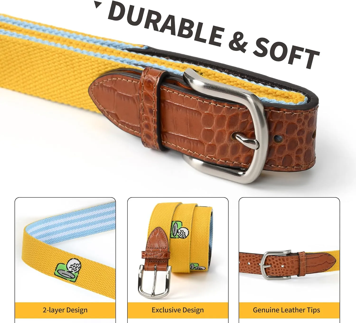 Mile High Life Golf Belts for Men, Canvas Belt with Genuine Leather Tips, Embroidered 2 Layer Web Belt with Pin Buckle