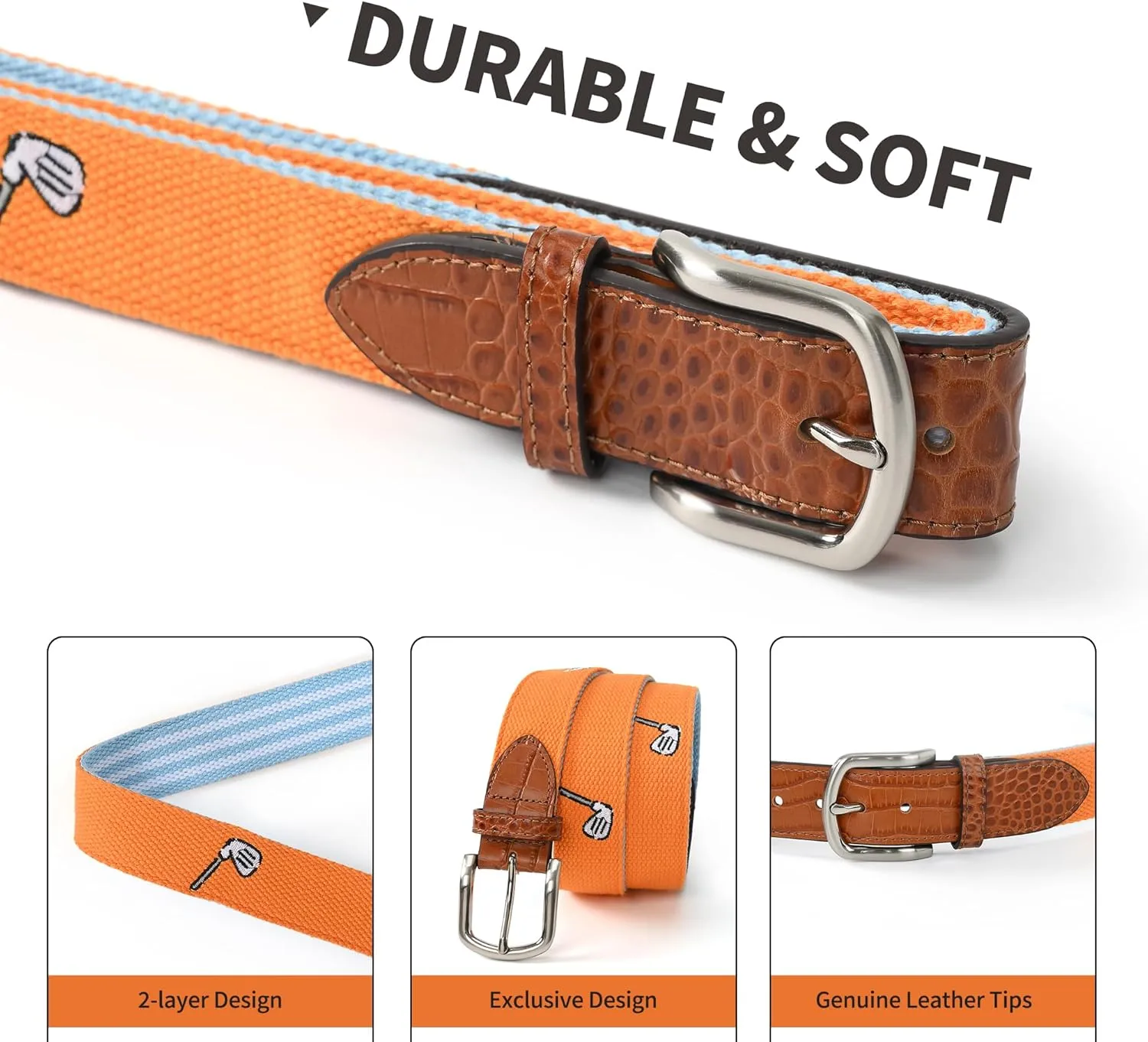 Mile High Life Golf Belts for Men, Canvas Belt with Genuine Leather Tips, Embroidered 2 Layer Web Belt with Pin Buckle