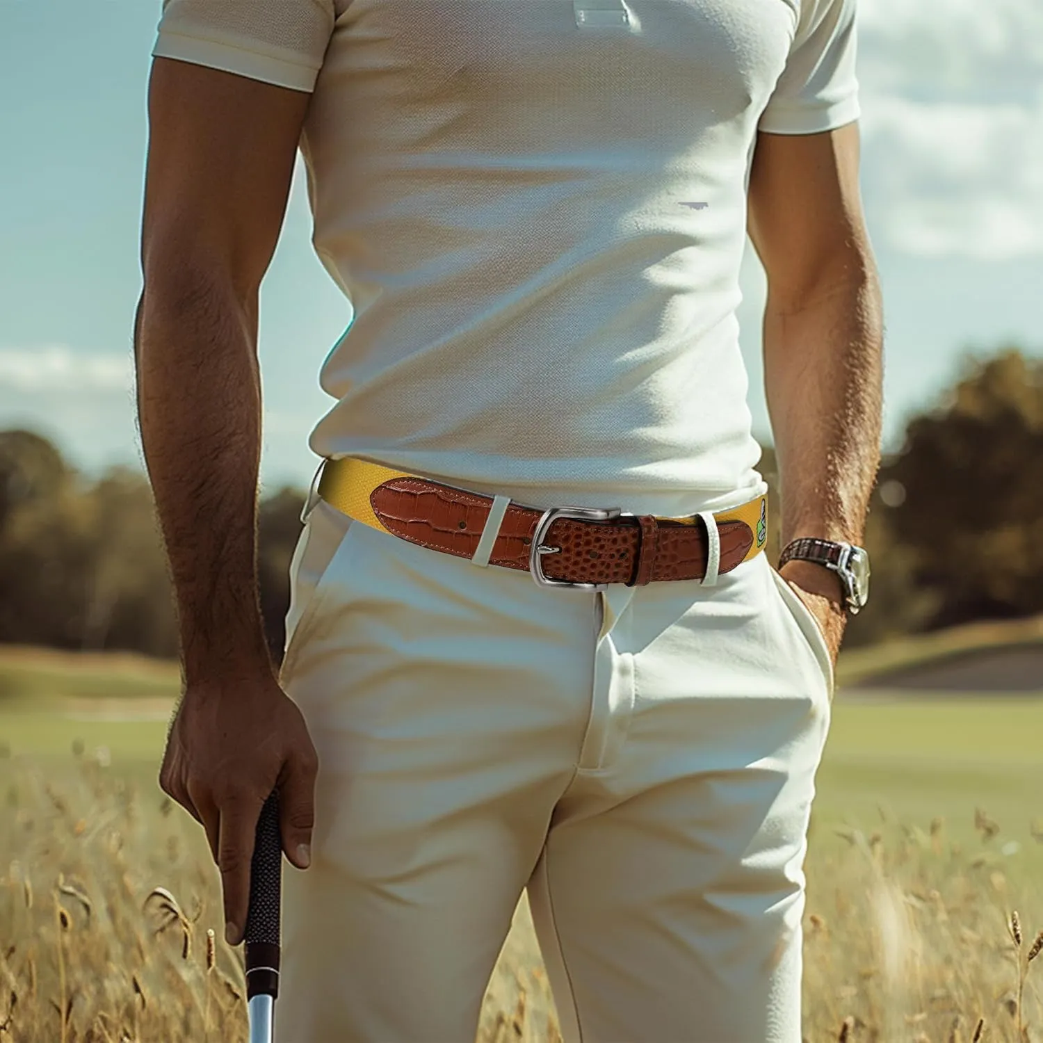 Mile High Life Golf Belts for Men, Canvas Belt with Genuine Leather Tips, Embroidered 2 Layer Web Belt with Pin Buckle