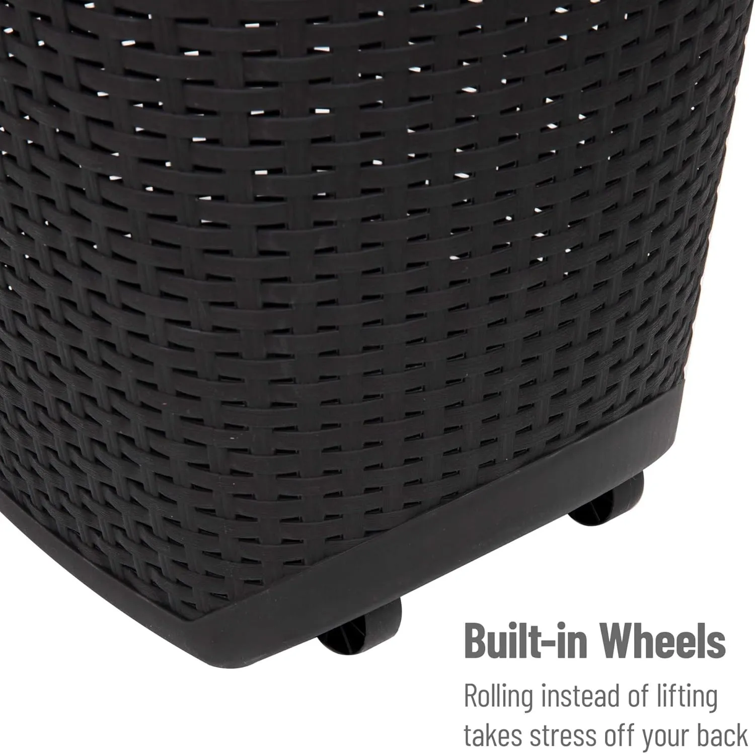 Mind Reader 60L Rolling Laundry Hamper, Clothes Basket, Wheels, Wicker Style, Plastic, 19.5"L x 14.75"W x 29.25"H, Black