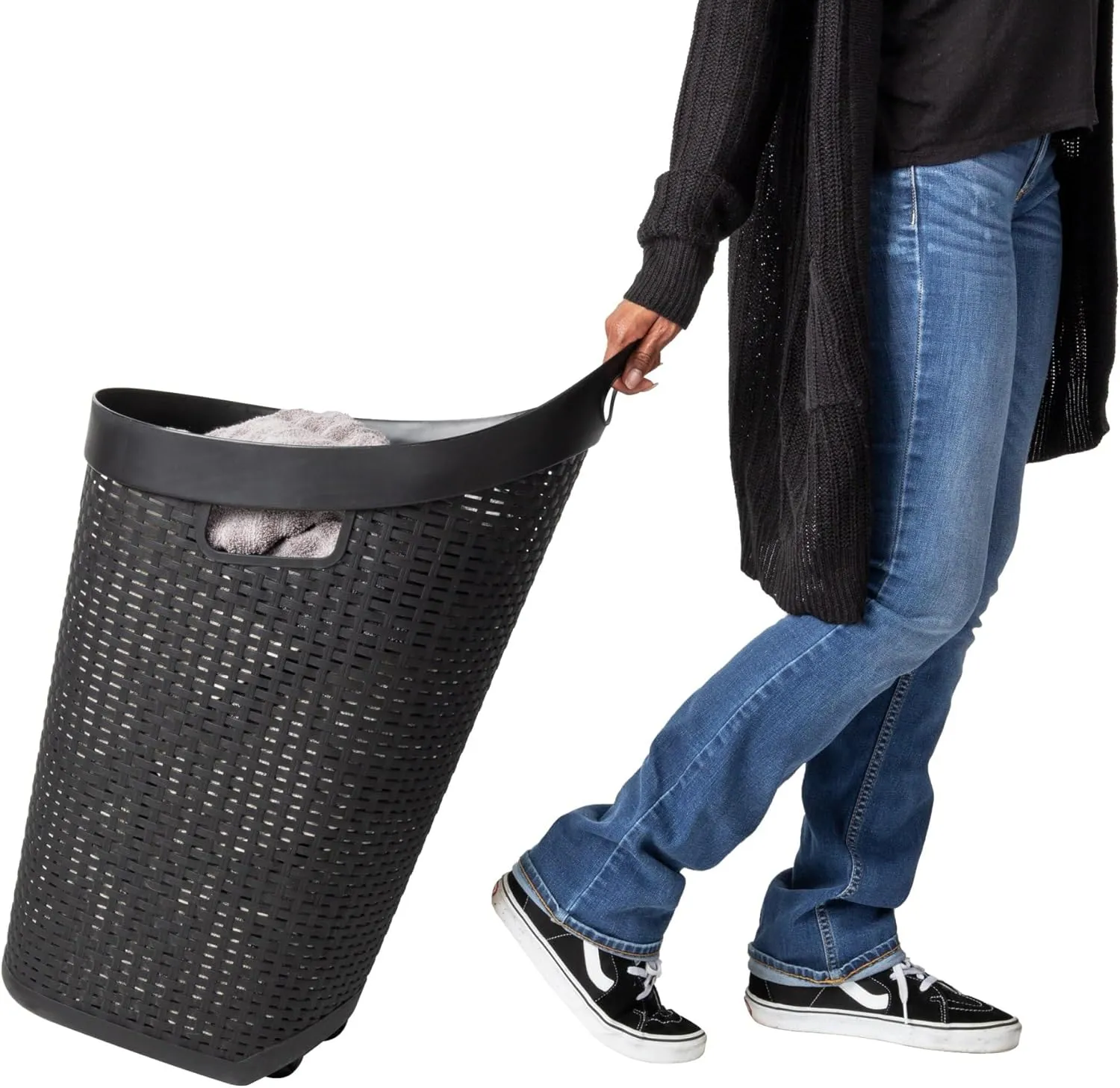 Mind Reader 60L Rolling Laundry Hamper, Clothes Basket, Wheels, Wicker Style, Plastic, 19.5"L x 14.75"W x 29.25"H, Black