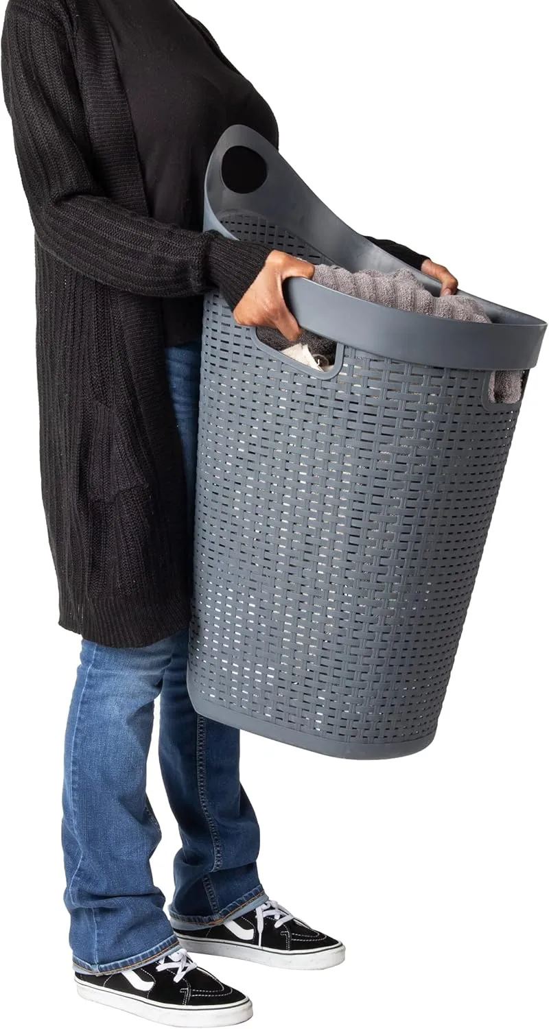 Mind Reader 60L Rolling Laundry Hamper, Clothes Basket, Wheels, Wicker Style, Plastic, 19.5"L x 14.75"W x 29.25"H, Grey