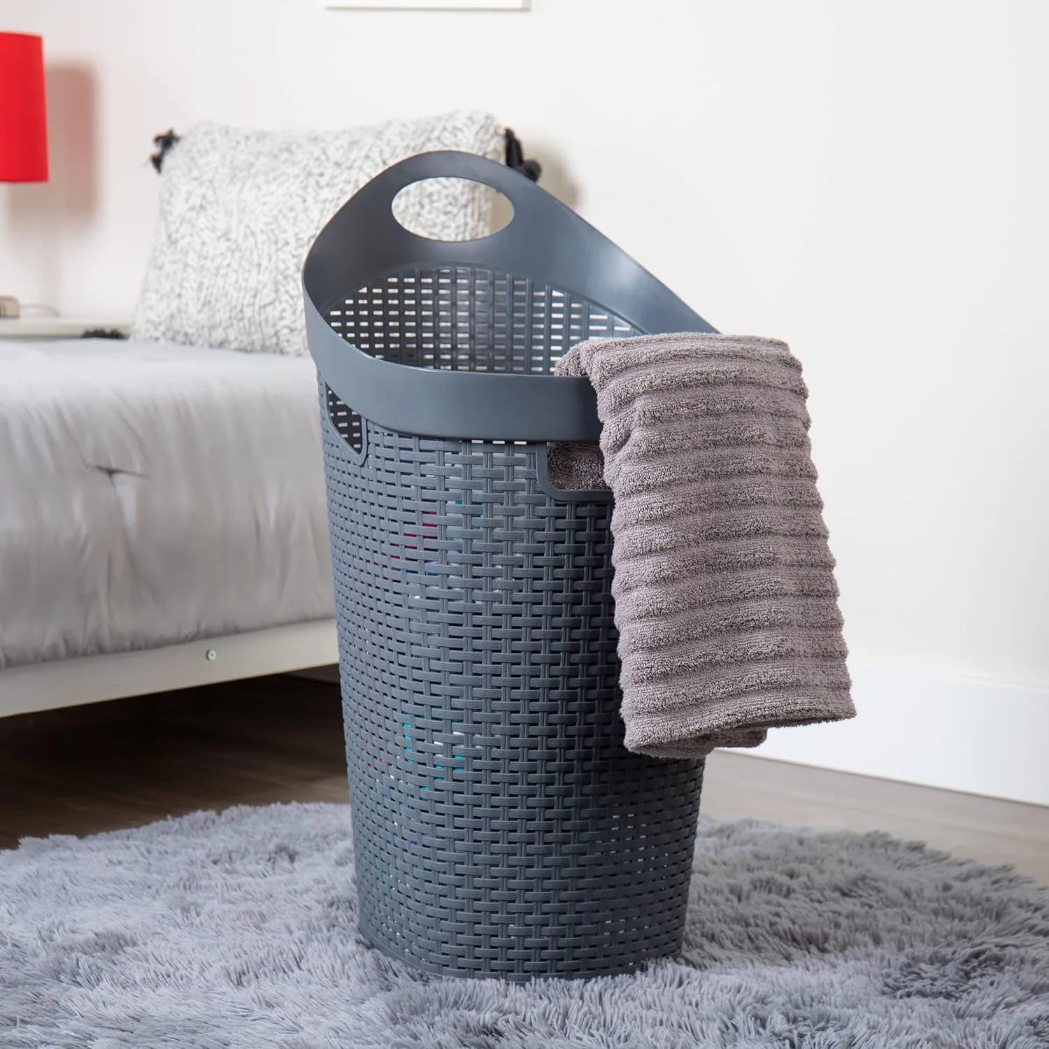 Mind Reader 60L Rolling Laundry Hamper, Clothes Basket, Wheels, Wicker Style, Plastic, 19.5"L x 14.75"W x 29.25"H, Grey
