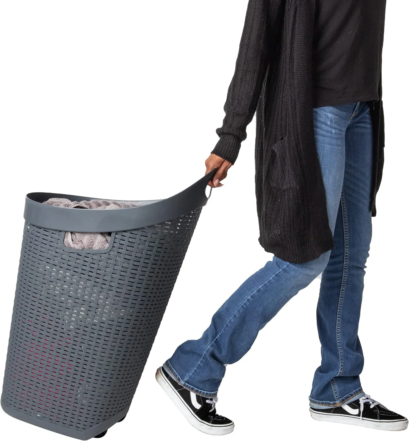 Mind Reader 60L Rolling Laundry Hamper, Clothes Basket, Wheels, Wicker Style, Plastic, 19.5"L x 14.75"W x 29.25"H, Grey