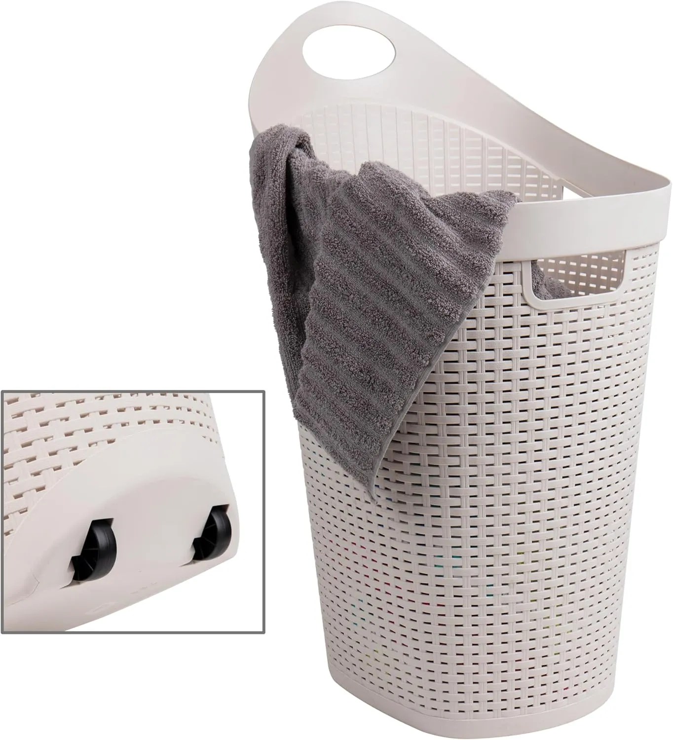 Mind Reader 60L Rolling Laundry Hamper, Clothes Basket, Wheels, Wicker Style, Plastic, 19.5"L x 14.75"W x 29.25"H, Ivory