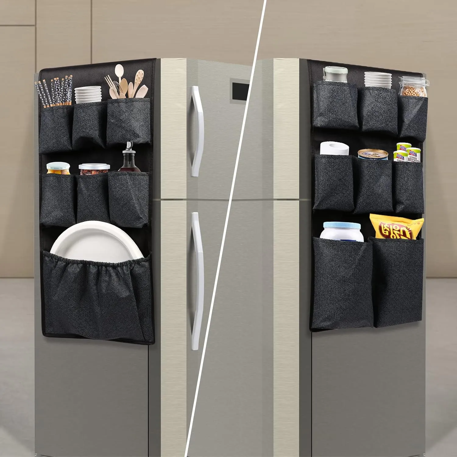 Mini Fridge Caddy Organizer Storage Bag, Over The Fridge Storage Organizer with 15 Extra Large Fabric Pockets for Plate, Silverware, Spice, Cutlery, Napkins, Other Daily Stuff (Black)