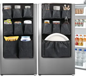 Mini Fridge Caddy Organizer Storage Bag, Over The Fridge Storage Organizer with 15 Extra Large Fabric Pockets for Plate, Silverware, Spice, Cutlery, Napkins, Other Daily Stuff (Black)