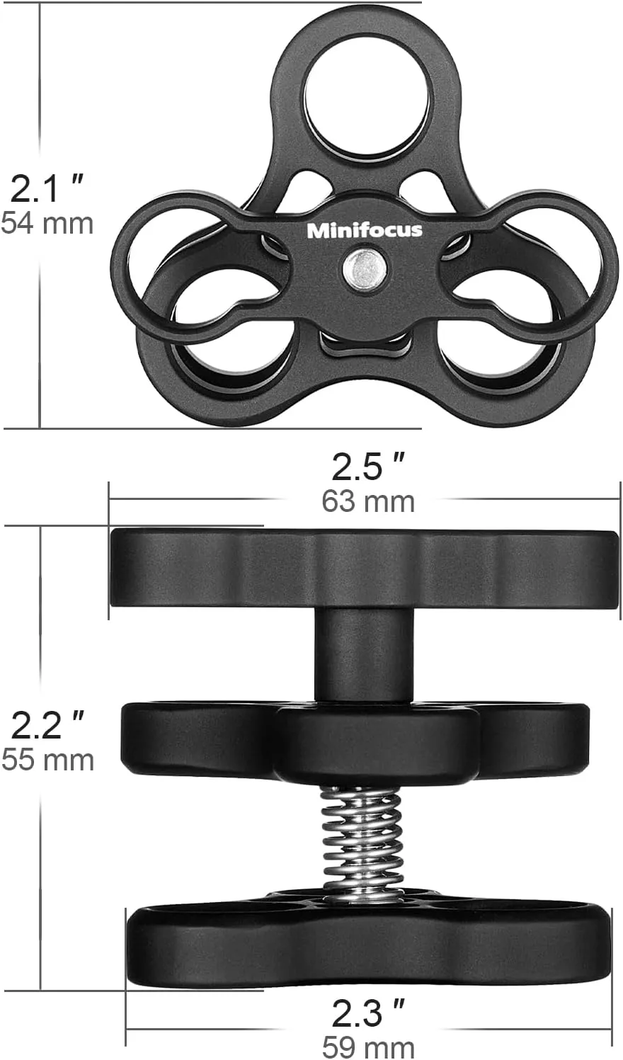 MINIFOCUS 2PCS 1'' Aluminum Triple Holes Ball Clamp Mount for Underwater Diving Light Arms Tray System, Photography Diving Camera, 360° Clip for GoPro Action Camera Flashlight Arms System