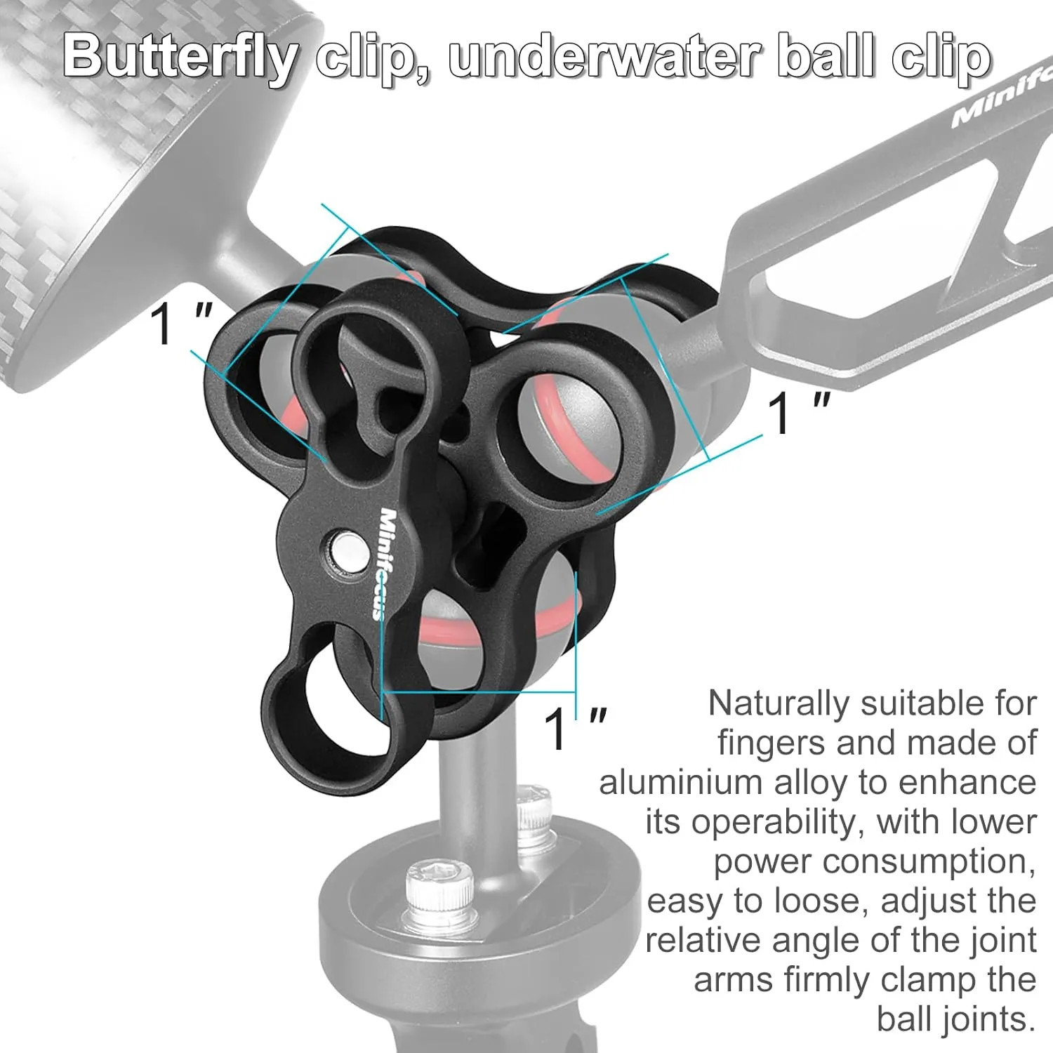 MINIFOCUS 2PCS 1'' Aluminum Triple Holes Ball Clamp Mount for Underwater Diving Light Arms Tray System, Photography Diving Camera, 360° Clip for GoPro Action Camera Flashlight Arms System